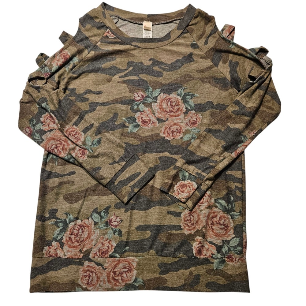 Camo Floral Cold Shoulder Long Sleeve Tunic Top Women's Size L